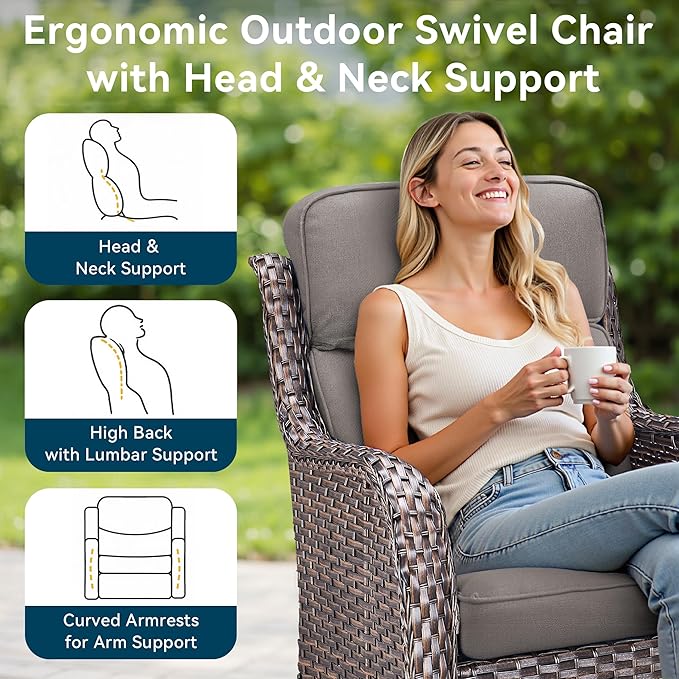 Luxury High Back Outdoor Furniture with 6-Inch Thick Cushions, Patio Furniture Set with Swivel Chairs, 6 PCS Wicker Conversation Set for Porch, Balcony, Deck and Yard