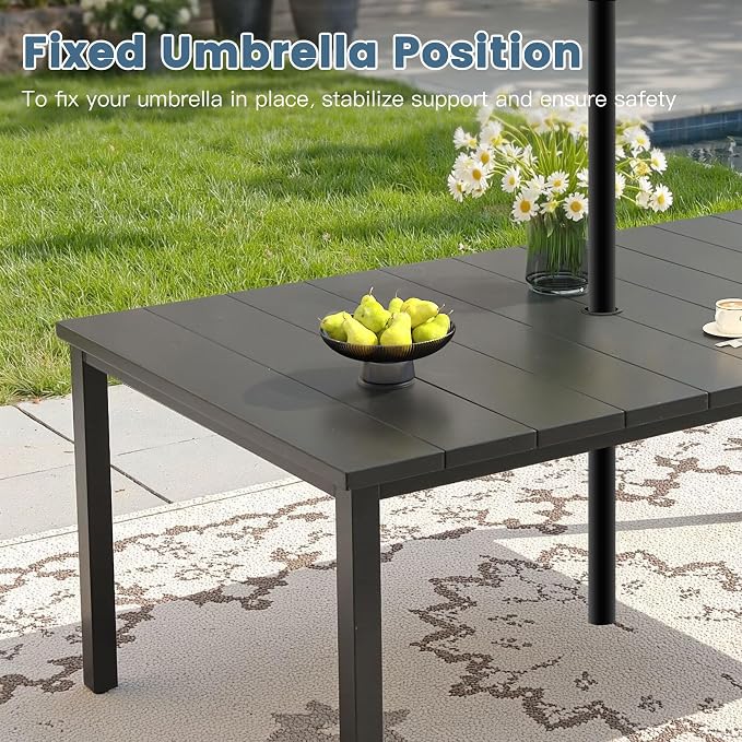 DIFY Outdoor Dining Set for 6, 7 Piece Patio Table and Chairs Set, Swivel Patio Chairs with Blue Textilene & 63" Black Rectangle Metal Dining Table with Umbrella Hole, for Garden Backyard Deck