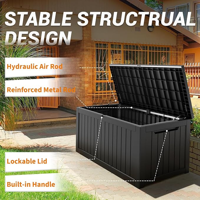 Outdoor Storage Box, 150 Gallon Resin Deck Boxes Outdoor Waterproof For Patio Furniture, Garden Tools, Pool Supplies, Lockable And UV Resistant (Striped Black)