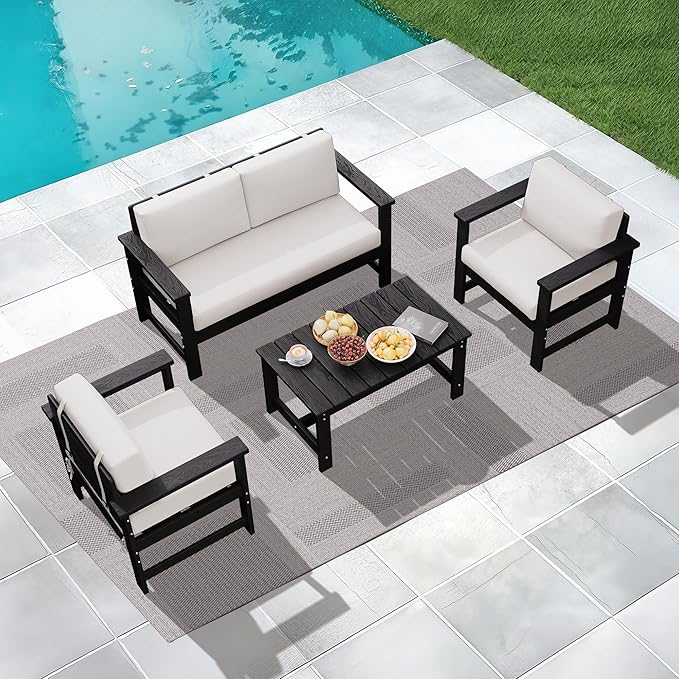 KINGYES 4 Pieces Outdoor Furniture Set, HDPE All Weather Use Conversation Couch, Black Frame with Khaki Cushions