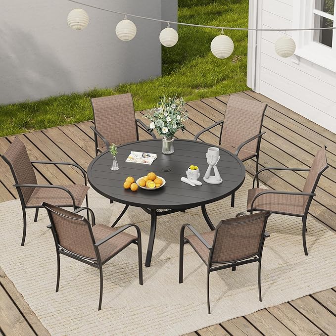 VICLLAX Round Outdoor Dining Set, Patio Table and Chairs Set Set of 6 Patio Stackable Chairs and 47" Outdoor Round Table with Umbrella Hole for Backyard Lawn Garden, Brown Chairs and Black Table