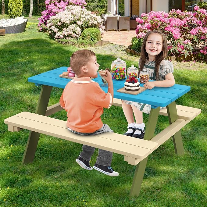 Costzon Kids Picnic Table, Acacia Wood Kids Outdoor Table with Benches, Toddler Patio Furniture Set for Backyard, Garden, Lawn, Gift for Boys Girls 3+ (Green)