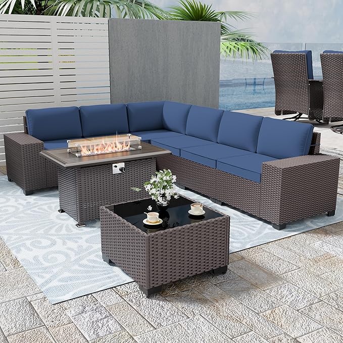 Patio Furniture Set Sofa 7-pcs Wicker Sectional Sofa Set with 55,000 BTU Gas Fireplace Table,Outdoor Furniture Rattan Sets with Tempered Glass Coffee Table