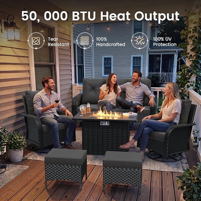 UDPATIO Patio Furniture Set with 44" Fire Pit Table, High Back 2 Swivel Rocker Chairs, Wicker Outdoor Conversation Sets with Thick Cushions & Ottoman, for Garden, Porch