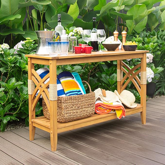 Cambridge Casual Sierra Teak Wood Outdoor Console Table with Accent Wicker, Natural Teak, Narrow Garden Table with Bottom Shelf for Patio, Deck, Entry Way or Poolside – Weather-Resistant