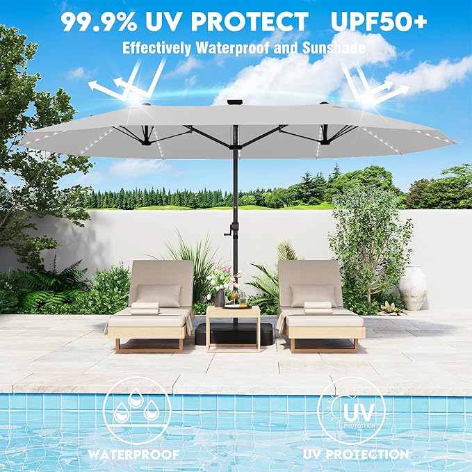 GDPFN 15ft Rectangular Patio Umbrella with Solar LED Lights, Double-Sided Outdoor Market Umbrella with Base Included, Extra Large Shade for Pool, Deck, Backyard, Garden, Light Gray