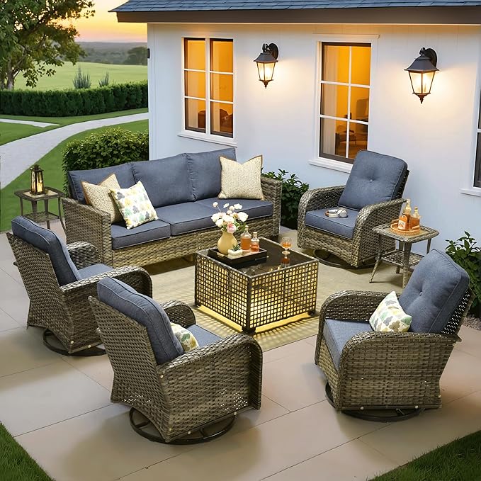 ovios 8 Pieces Patio Furniture Set, Outdoor Wicker Sofa Couch with Rocking Swivel Chairs Solar Lights Table, Modern Deep Seat Rattan Conversation Sets for Deck Porch, Denim Blue
