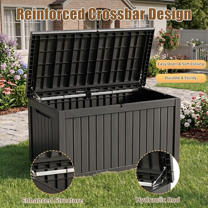 280 Gallon Outdoor Storage Box, Extra Large Resin Deck Box, Waterproof Lockable Storage Container, XXL Storage Bins with Lids for Patio furniture, Garden Tools, Black