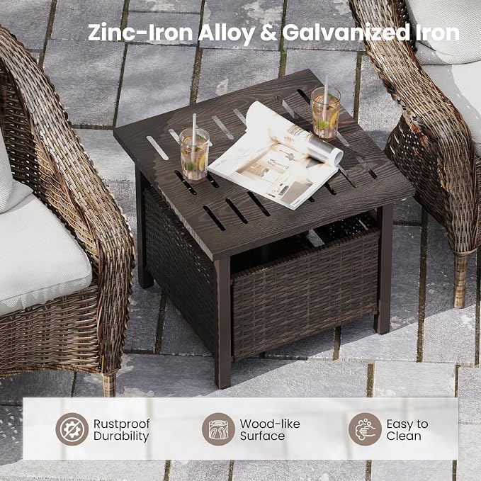 RELAX4LIFE Wicker Outdoor Side Table - Rattan Square Patio End Table with 1.93” Umbrella Hole & Rustproof Frame, Outside Umbrella Stand for Garden Deck Porch Balcony Poolside Backyard