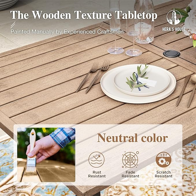 HERA'S HOUSE Patio Table and Chairs for 6, 7 Pieces Outdoor Deck Dining Sets, Wood-Like Rectangular Metal Table Set with Chairs for Lawn Garden Backyard, Blue