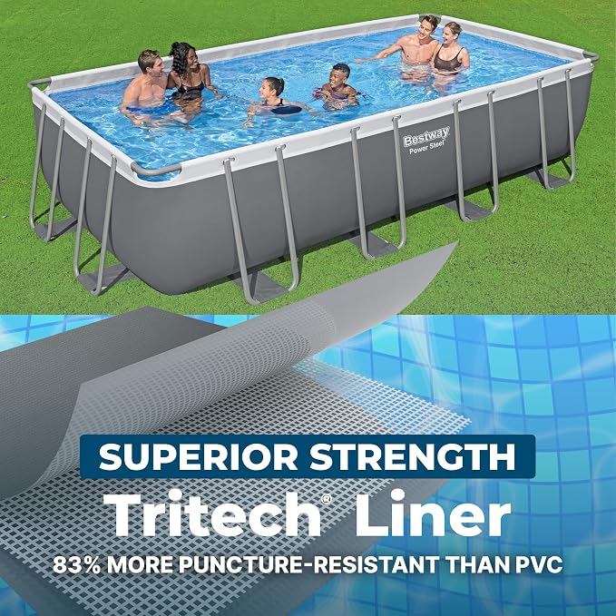 Bestway Power Steel 18’ x 9' x 48” Above Ground Pool, Rectangular Metal Frame Outdoor Swimming Pool Set with Filter Pump, Ladder, and Cover