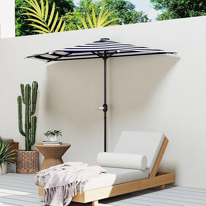 Outsunny Half Outdoor Patio Umbrella, UPF 30+ Small Vented Half Patio Umbrella with Crank 8 Ribs for Balcony Porch Garden Deck Poolside