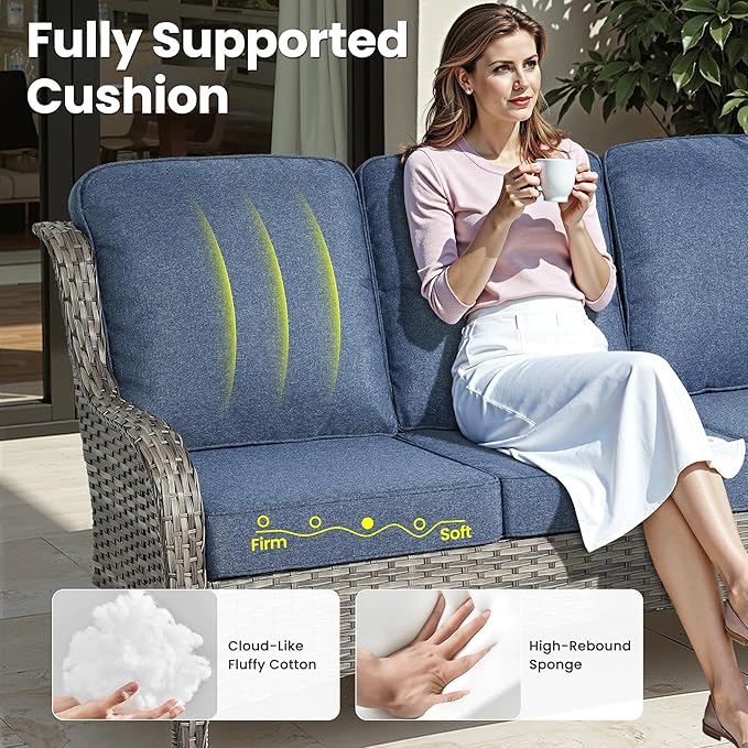 ovios 5-Piece Patio Furniture Set with Swivel Chairs Coffee Table, Outdoor Wicker Sofa with Comfy Cushions, High Back Couch Modern Conversation Sets, Grey/Denim Blue