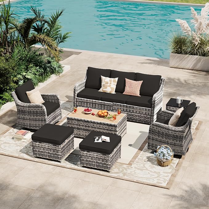 MEISSALIVVE 7 Pieces Patio Furniture Set with Swivel Chair, Outdoor Patio Conversation Set, Patio Sectional Furniture Set with 2 Swivel Rocker Patio Chair and Sofa, 2 Ottomans and Coffee Table (Black)