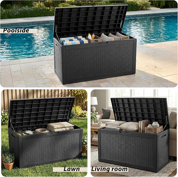 Waterproof Outdoor Storage Box, 125 Gallon Lockable Deck Box, UV-Resistant Outside Storage Bin with Hydraulic Lid for Patio Furniture, Cushion Organizer, Garden Tool, Pool Accessories, Black