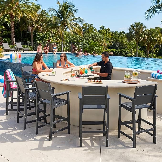 HDPE Outdoor Bar Chairs Set of 2, 28.5" Seat Height Bar Height Patio Stools with Armrest & Back, Heavy Duty All Weather High Top Chairs for Porch/Poolside/Deck, 400lb Capacity, Grey