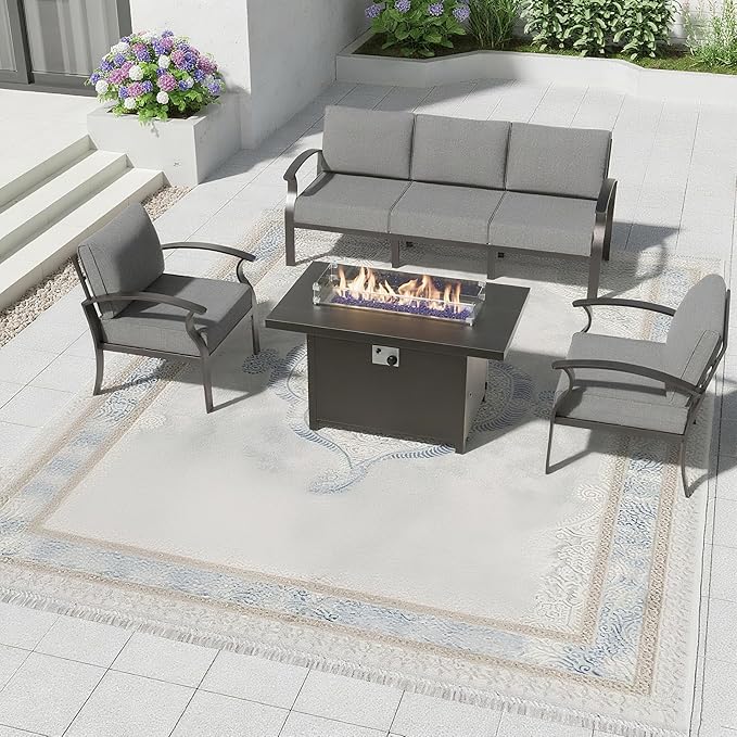 Aluminum Patio Furniture Set with 55,000 BTU Propane Fire Pit Table,5 Seats Metal Modern Outdoor Furniture w/5.1" Cushions,Patio Sectional for Backyard,Patio,Grey