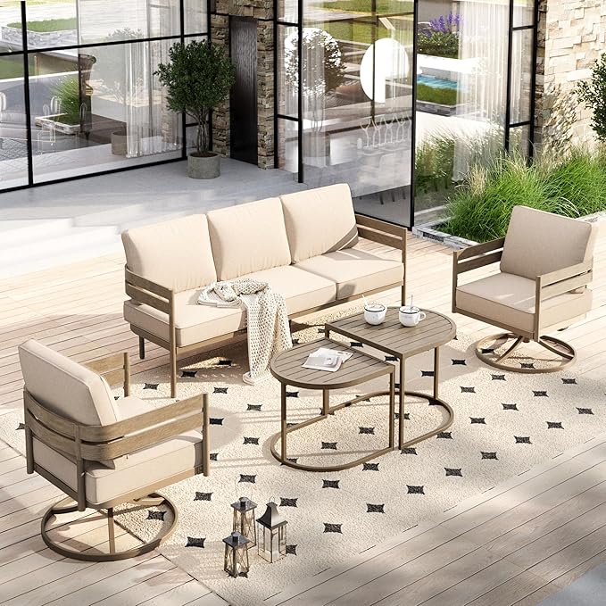 HERA'S HOUSE 4 Pieces Patio Furniture Set, 1 x 3-Seat Outdoor Sofa, 2 x Swivel Armchairs,1 x Wood-Like Nesting Coffee Table, All Weather Patio Conversation Set with Ultra Thick Comfy Cushion