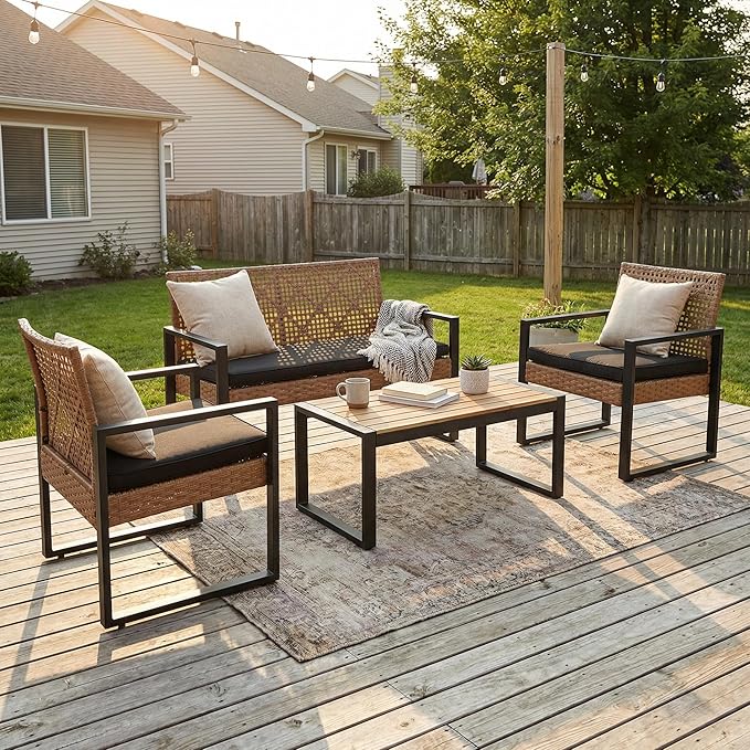 Outdoor Patio Furniture Set, 4 Piece Rattan Chairs with Coffe Table for Backyard, Balcony, Deck, Front Porch, Patio Conversation Seating Sets for Outside, Juego Muebles de Exterior(Light Brown)