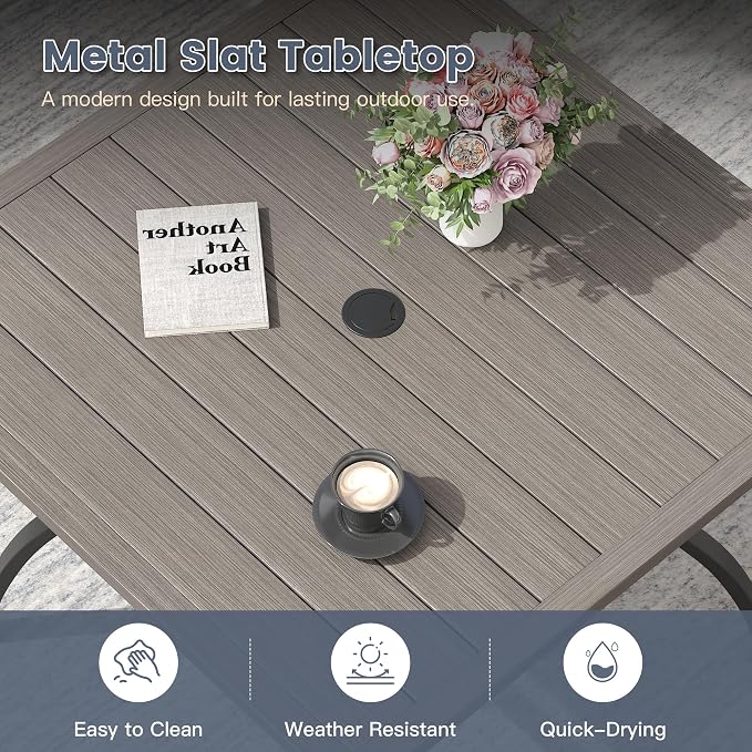 VICLLAX Outdoor Patio Dining Table for 4, Square Metal Table with Umbrella Hole and Storage Shelf for Garden, Lawn, Balcony, Deck, Grey