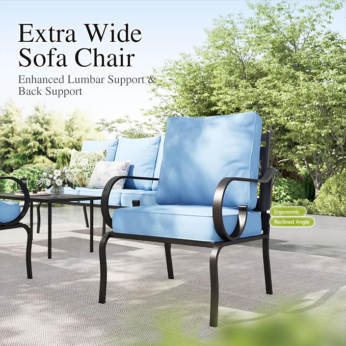 Sophia & William Patio Conversation Set for 5, 3-Seater Sofa, 2 Fixed Chairs and a 45" Fire Pit Table, Metal Outdoor Furniture with 5.75" Extra Thick Cushions, Blue