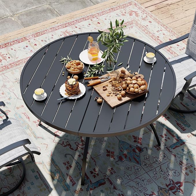 47.2 Inch Round Patio Table for 4 with Adjustable Umbrella Hole, Rust-Resistant Metal Frame, Outdoor Dining Table All-Weather for Backyard, Garden, Lawn, Poolside, and Outdoor Café Use – Black