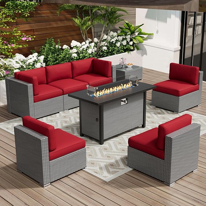 Oakcloud 8-Piece Outdoor Patio Furniture Sofa Set with 45” Propane Gas Fire Pit Table, Grey Rattan Wicker Sectional Conversation Sets with Glass Top Tables and Cushions(Red, w/Fire Pit Table)