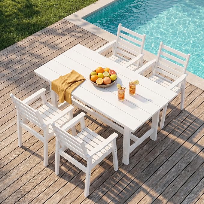 5 Piece HDPE Outdoor Dining Set for 4, Patio Dining Furniture Set with 2” Umbrella Hole, Weather Resistant Outdoor Table and Chairs for Garden, Poolside, Backyard, Deck