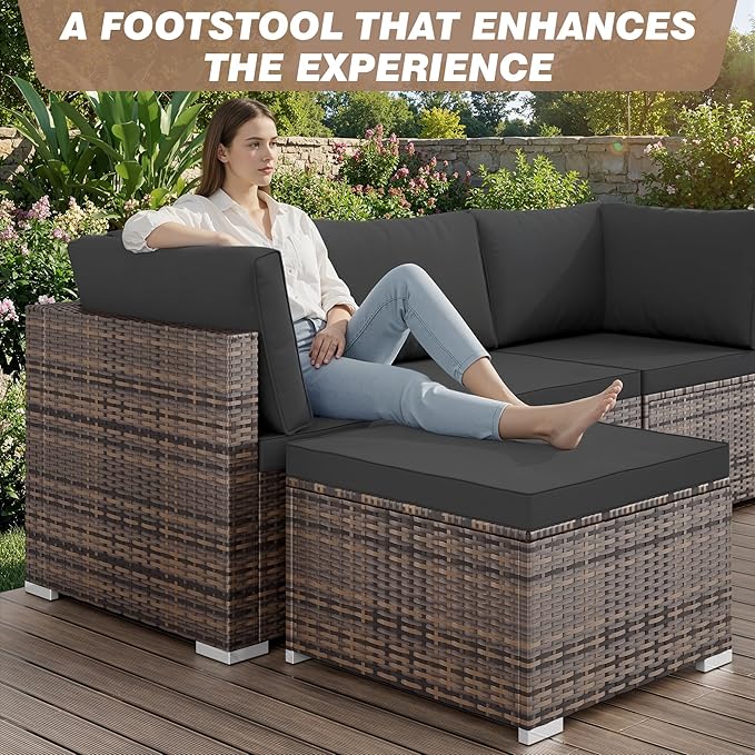 5 Piece Patio Furniture Sets, All-Weather PE Rattan Wicker Outdoor Sectional Sofa with Cushions and Glass Table for Garden Backyard Poolside