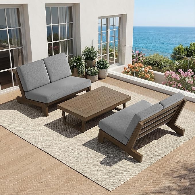 UIXE All Weather Wood Patio Furniture Sets, 3 Pieces Patio Loveseat Sofa Outdoor Sectional Futniture Backyard Conversation Set with Solid Wooden Coffee Table - Grey
