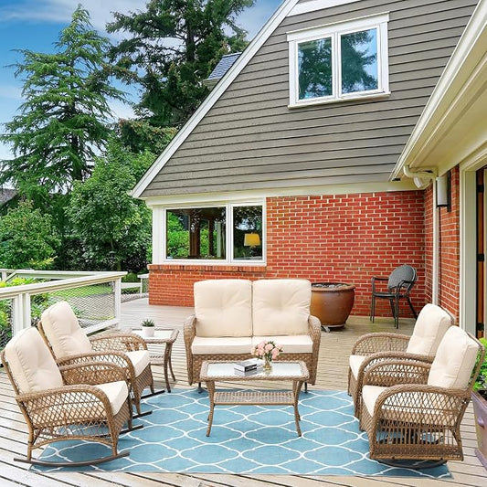 7-Piece Wicker Patio Furniture Sets Outdoor All-Weather Rattan Conversation Set Includes Glider Loveseat, 2 Glass-Top Coffee Tables, 2 Swivel-Rocker Chairs for Porch Backyard, Light Brown