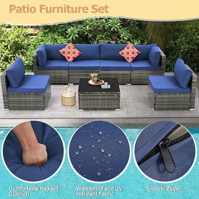 7 Piece Patio Furniture Set with Adjustable Bracket Wicker Rattan Patio Conversation Sets Outdoor Sectional Sofa Set with Wood Table and Cushions for Porch Lawn Garden, Navy Blue