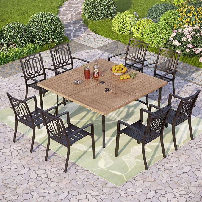 PHI VILLA 9 Pcs Outdoor Dining Set& 57.5" Wood-Like Table | Square Iron Table w/ Umbrella Hole & Stackable Black Metal Steel Chairs,Patio Furniture Set for Patio, Deck, Yard, Porch