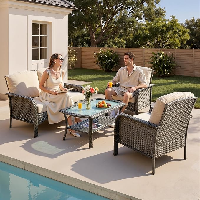 4-Piece Patio Furniture Set, Outdoor Wicker Furniture with Coffee Table, All Weather High Back Loveseat Patio Chairs, Modern Rattan Outdoor Chairs Conversation Set for Porch, Balcony, Garden,Beige