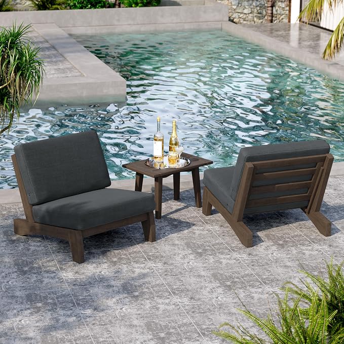 2 Piece Wood Patio Chair Outdoor Bistro Chairs, All Weather Outdoor Furniture Patio Sofa Chair Backyard Seating Group Conversation Sets with Cushions - Dark Gray