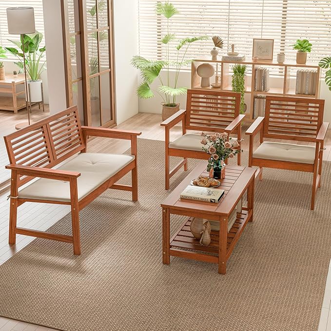 Tangkula 4 Piece Patio Conversation Set, Wood Sofa Set with Soft Seat Cushions, 2-Tier Rectangle Coffee Table, Outdoor Solid Wood Furniture Set for Poolside, Yard, Porch
