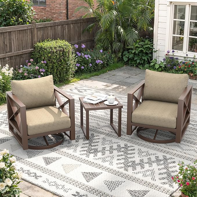 Aluminum Outdoor Furniture Set,2-Seats Outdoor Swivel Rocker Patio Chairs with 5.2" All-Weather Cushions and Coffee Table,3 PCS Patio Conversation Set for Deck, Porch, Garden (Brown)