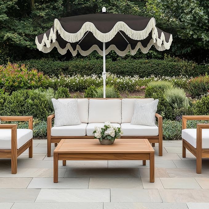 Eyely BMU1001 Halden 9 ft. Classic Cottage Tassel Market Patio Umbrella with Auto-Tilt, Crank