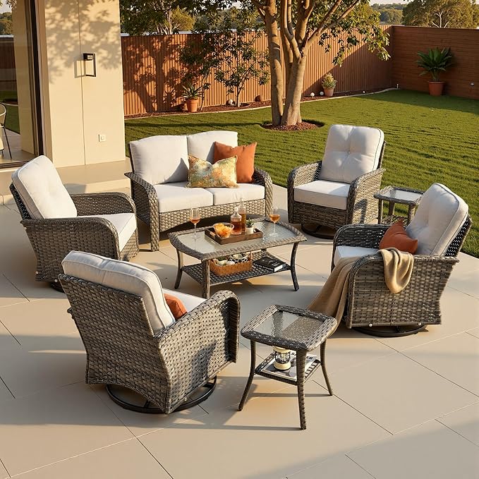8-Piece Patio Furniture Set, Outdoor Wicker Furniture with Coffee Table, High Back Swivel Rocker Patio Chairs, Modern Rattan Outdoor Chairs Conversation Set for Porch, Balcony, Garden, Grey