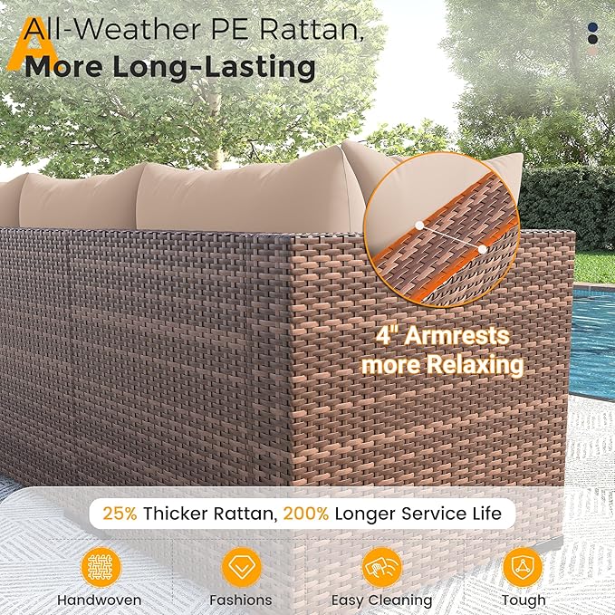 UDPATIO Furniture Set, 7 Piece Sectional Sofas with Wicker Coffee Table, Conversation for Garden, Backyard, Khaki