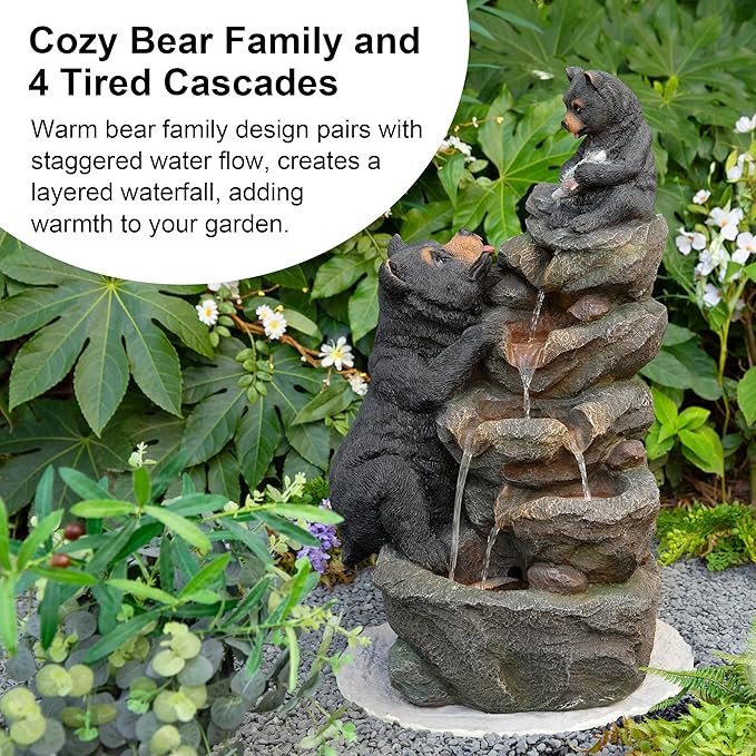 Glitzhome Water Fountain Outdoor, Outdoor Fountain with Lights & Pump, 30.5" H 4-Tiered Mom and Baby Bear Polyresin Cascading Waterfall Floor Standing Water Feature for Garden, Patio, Yard, Deck