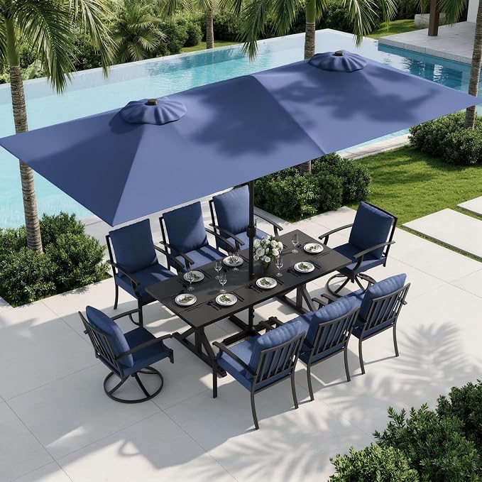 10 Piece Outdoor Dining Set for 8, Patio Table and Chairs Set with Umbrella & Cushions, Patio Furniture Set with 2 Swivel Chairs, Metal Dining Table with Umbrella Hole for Lawn Garden Yard-Navy