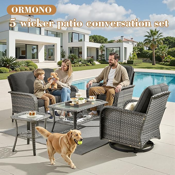 5 Pieces Patio Furniture Set, All Weather Rattan Patio Conversation Sets with Swivel Rocking Chairs, Coffee Table, High Back Outdoor Furniture Loveseat for Porch, Backyard, Black