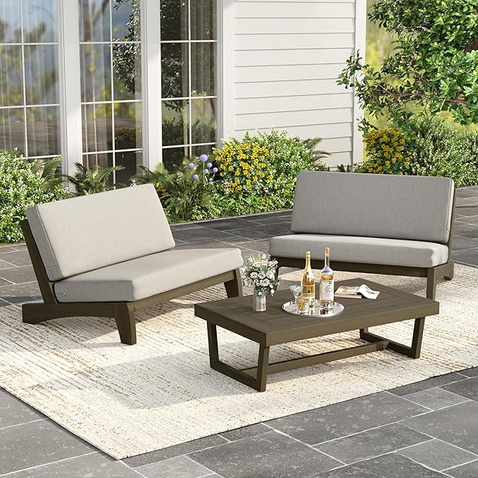 UIXE Wood Patio Furniture Sets, 3 Pieces All Weather Patio Loveseat Sofa Outdoor Sectional Futniture Backyard Conversation Set with Solid Wooden Coffee Table - Light Camel