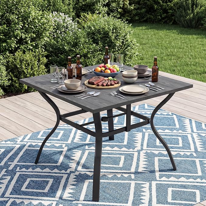 37.8”x37.8” Metal Outdoor Dining Table for 4,Square Patio Dining Table with Adjustable Umbrella Hole,All-Weather Black Outdoor Patio Table for Porch, Garden, Backyard, Poolside, Lawn