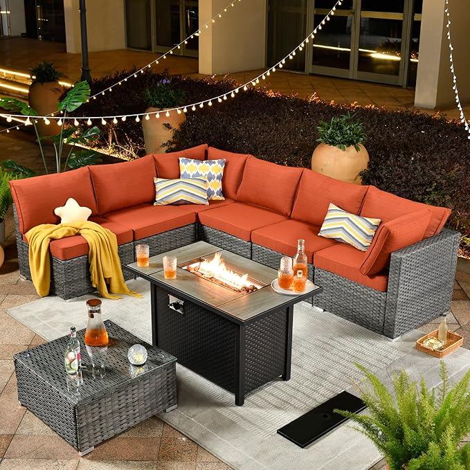 ovios Outdoor 8 Piece Patio Furniture Set with Fire Pit Table,Conversation Sectional Wicker Couch with Coffee Table,Modern Outside Sofa for Balcony Backyard, Orange