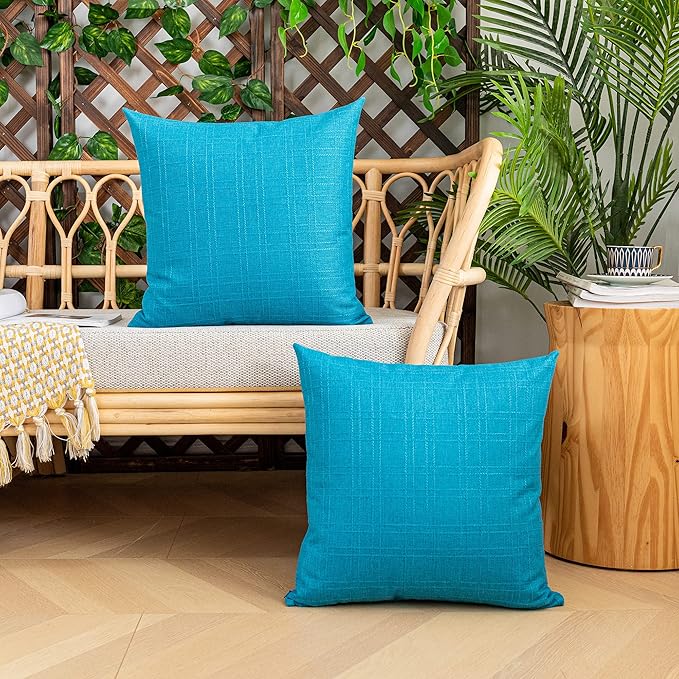 Kevin Textile Pack of 2 Decorative Outdoor Waterproof Pillow Covers Garden Checkered Cushion Sham Throw Pillowcase Shell for Patio Tent Couch 20x20 Inch Peacock Blue