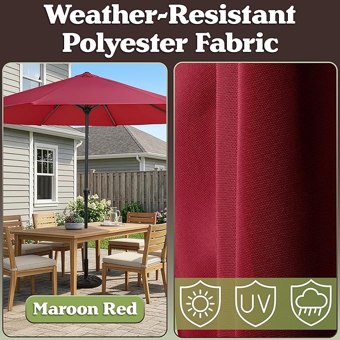 Pure Garden 9FT Round Patio Umbrella with 19lb Weighted Base - Easy Crank, Vented Canopy Outdoor Umbrella for Shade - for Deck, Balcony, Porch, Backyard, or Pool (Maroon Red)