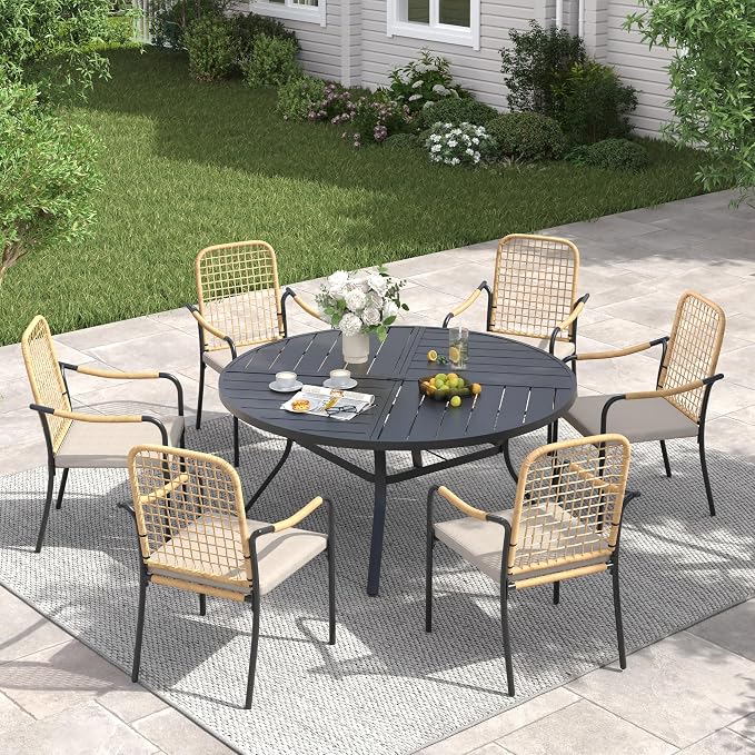 VICLLAX 50" Round Patio Table with Umbrella Hole, All Weather Metal Outdoor Dining Table for 6, Outside Table with Storage Shelf for Lawn Garden, Black
