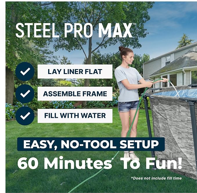 Bestway Steel Pro MAX Above Ground Swimming Pool Set (16' x 48") | Round Outdoor Backyard Family Pool Features Realistic Stone Pool Liner | Includes 1500gal Filter Pump, 48" Ladder and 16' Pool Cover